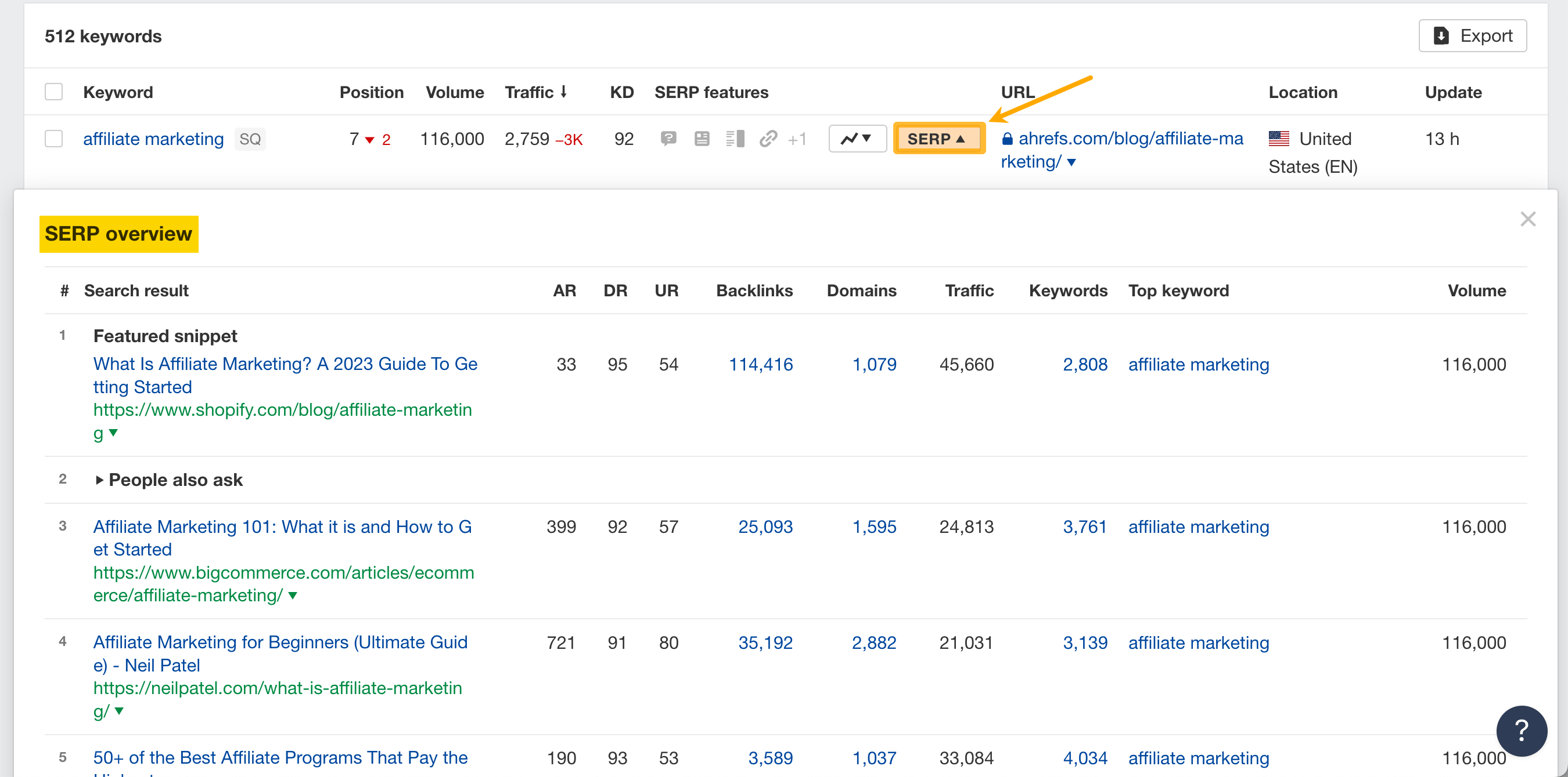 Ahrefs Rank Tracker: SERP overview