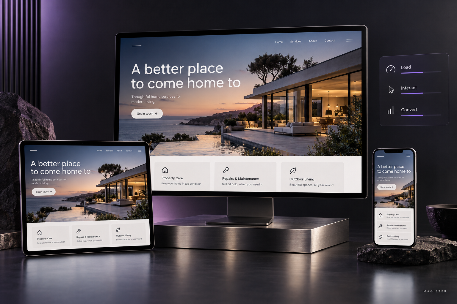 Responsive website design concept across desktop, tablet, and phone